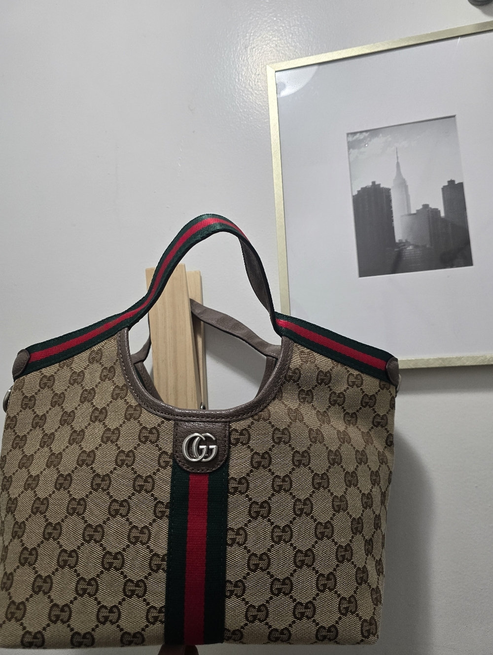 Canvas Cotton Supreme GIG Small Tote w/ Green/Red Stripe Brown LeatherTrim/strap - Picture 11 of 16